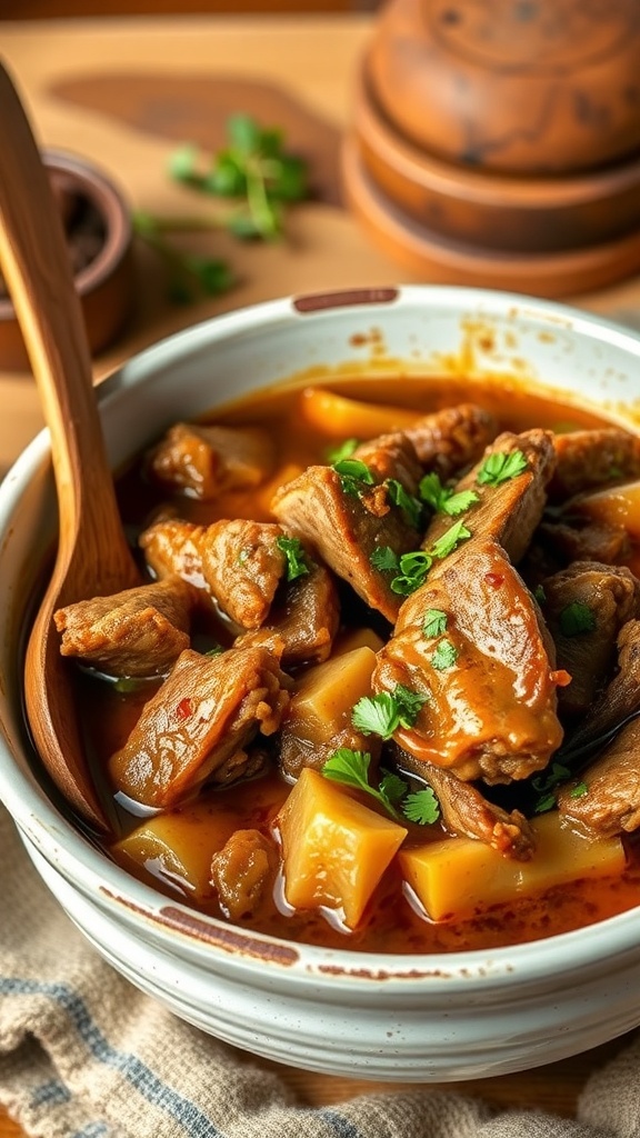 A bowl of mixed meats including beef, pork, and chicken in a rich broth, garnished with herbs.